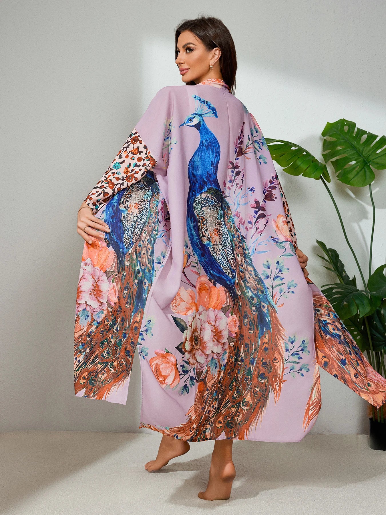 Peocock Printed Beach Cover Ups Kimono Summer Self Belted Women Wrap Dresses Bohemian Dresses Holiday Bathing Suits