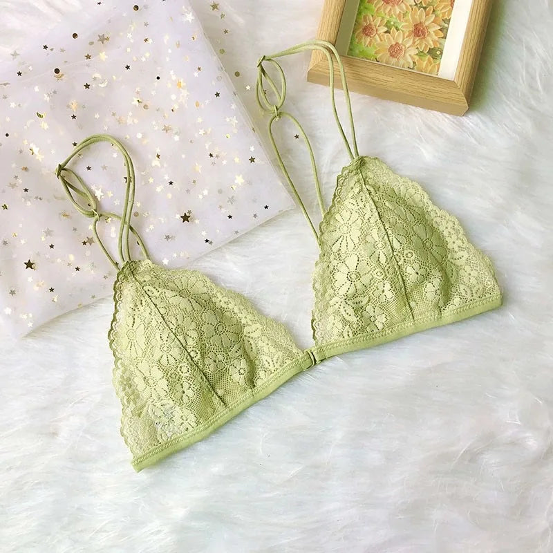 French Underwear Women's Front Buckle Triangle Cup Thin Strap Beautiful Back Thin Style Lace Summer Sexy Pure Bra for Women