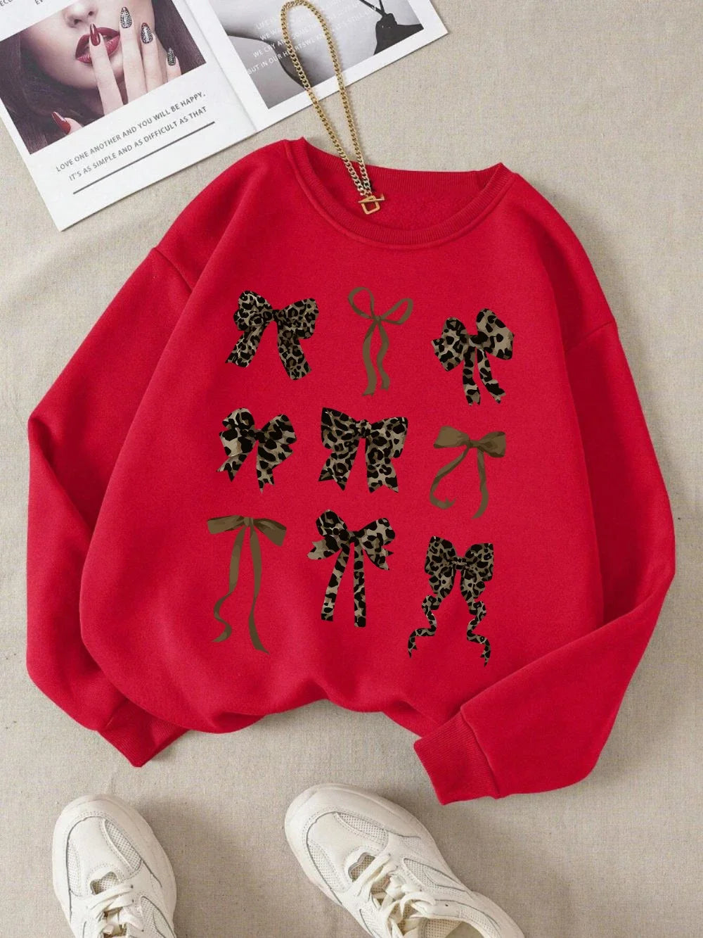 Retro Leopard Print Bow Printed Women Hoodies All-Match Fleece Casual Clothes Street Pullover Winter Autumn Woman Clothing