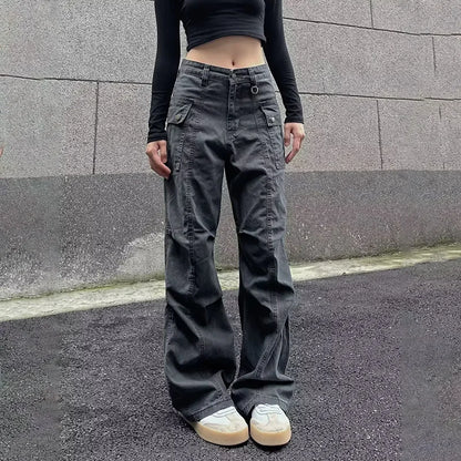 Multi-Pocket Casual Pants Female Straight Cargo Trousers Spring Summer Versatile Solid Color Pants Trendy High Street Trousers