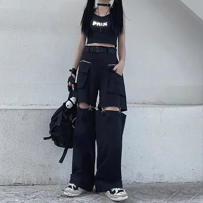 New 2025 Streetwear Black Pants for Women Fashion High Waist Detachable Streetweart Cargo Pants Woman
