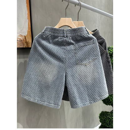 Retro Jacquard Washed Denim Shorts Men's Summer American Vibe Casual Straight Loose Five-Minute Pants