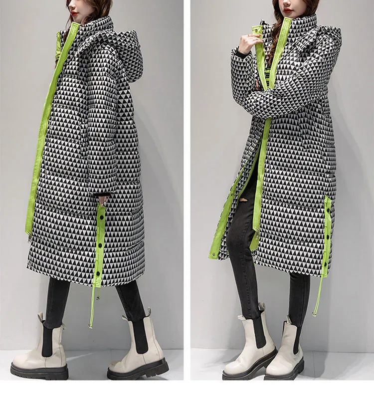 2023 Winter Warm  Plaid Long  Coat Women ' s Fashion Thicken Hooded Puffer Jacket Female Windproof Warm Outwear