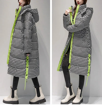 2023 Winter Warm  Plaid Long  Coat Women ' s Fashion Thicken Hooded Puffer Jacket Female Windproof Warm Outwear