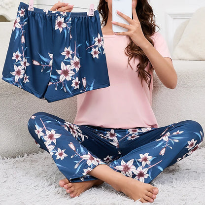Women's Pajamas Home Suit Soft Comfort Nightwear Loungewear Autumer Crew Neck Tops and Shorts Pajama Pants 3 Piece Pyjama Femme