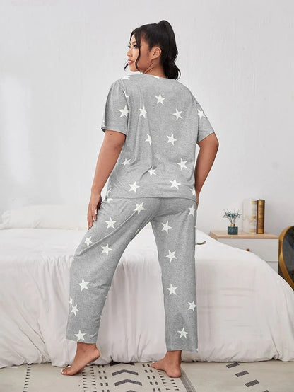 5XL Big Size Pajamas For Women Summer Autumn Faux Cotton Pajama Set  Short Sleeved Casual Loose Luxury Print Sleepwear Pijama