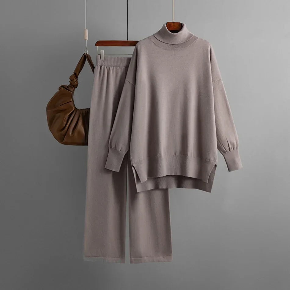 Women's Two Piece Set Autumn Winter High Collar Slit Knitted Sweater Pullover Fashion Casual Loose High Waist Pant Ensemble