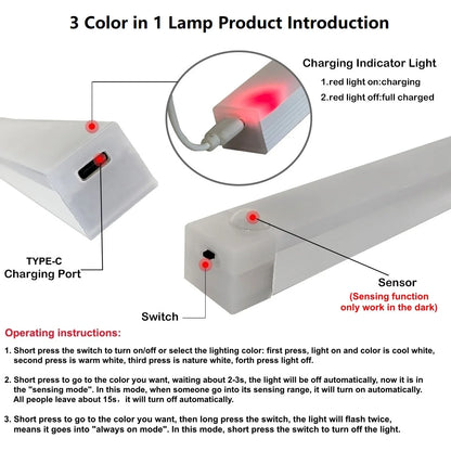 Rechargeable Motion Sensor LED Bar Light Induction Night Light Portable Cordless Magnetic Cabinet Lamp for Kitchen Bedside