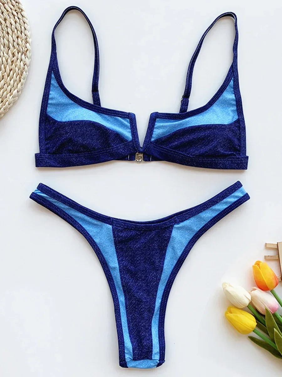 V Shaped Thong Bikini - Denim Two Piece Bikini Set With Push Up Bathing Suit