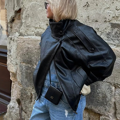 HXAO Black Jacket For Woman Outerwears Faux Leather Jacket Long Sleeve New In Coats And Jackets Zipper Bomber Motorcycle Jacket