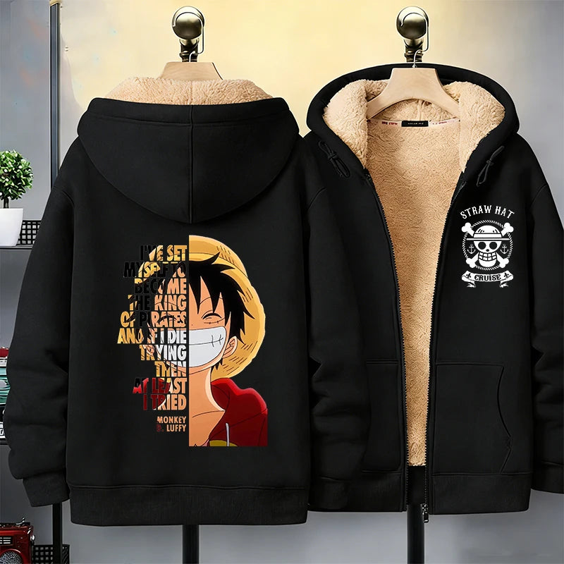 One Piece Man Thick Hooded Jacket Woman Winter Keep Warm Coat Anime Luffy Print Fleece Jacket Thermal Long Sleeve Hooded Clothes