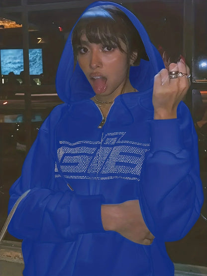 New Rhinestone Letter Print Women Long Sleeve Sweatshirt Hoodies Zipper Loose Oversized Streetwear Casual 2024 Autumn Fall