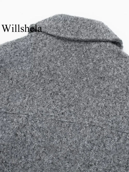 Women Zipper Jacket - Grey Vintage Lapel With Pockets | Casual Long Sleeve Outerwear