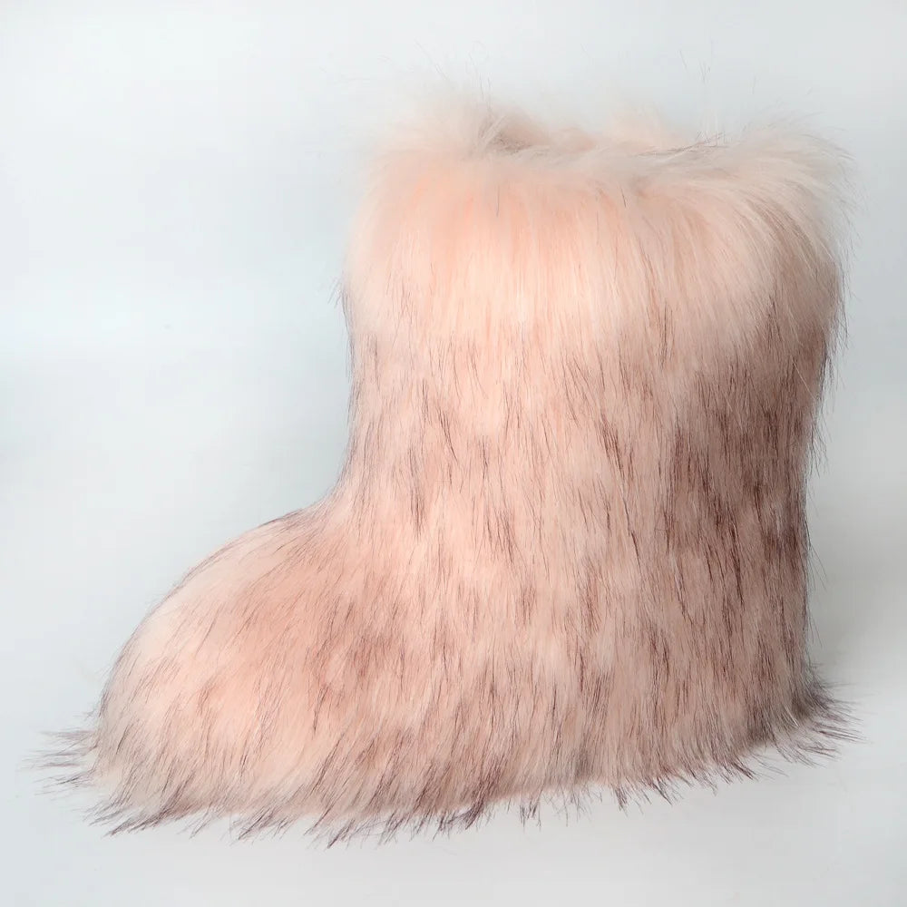 Women's Winter Snow Boots Outdoor Luxury Furry Faux Fox Fur Boots Woman Plush Warm Platform Shoes New Fashion Bottes Big Size 46