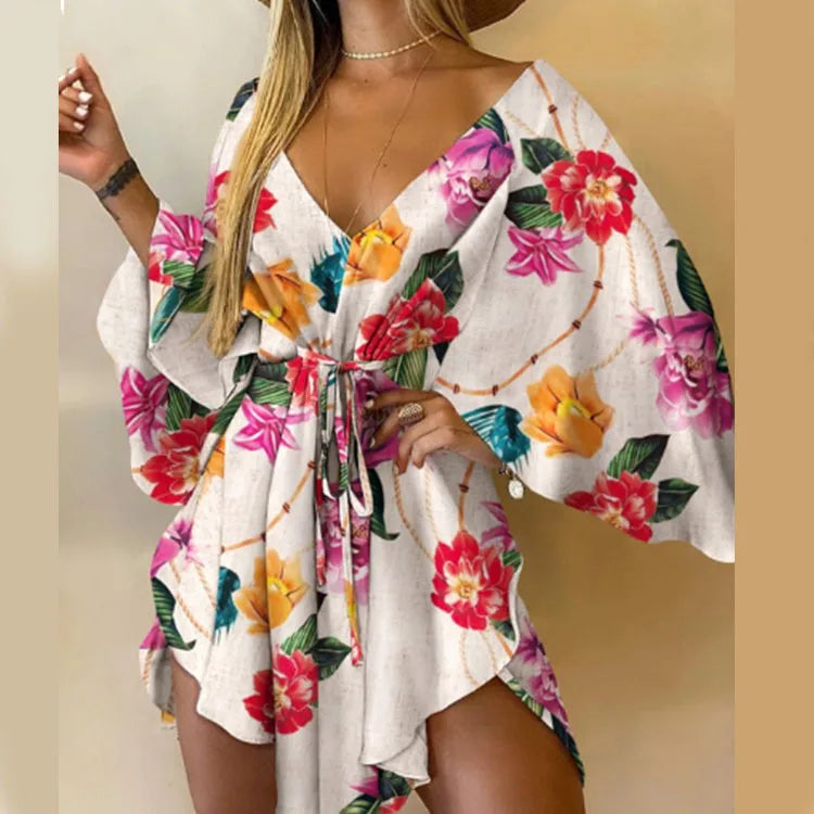 Women Print Dress - V-Neck Mini Sundress With Batwing Sleeve & Ruffle Detail