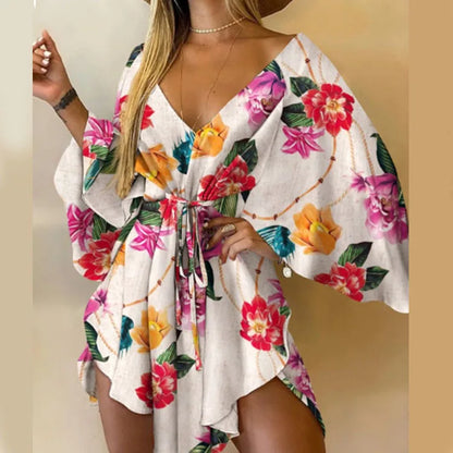 Women Print Dress - V-Neck Mini Sundress With Batwing Sleeve & Ruffle Detail