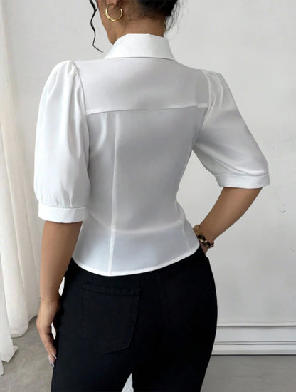 Women's Blouse Spring Summer Black White Tops Houndstooth Patchwork Collar Puff Sleeve Valentine's Day Elegant Casual Daily Top