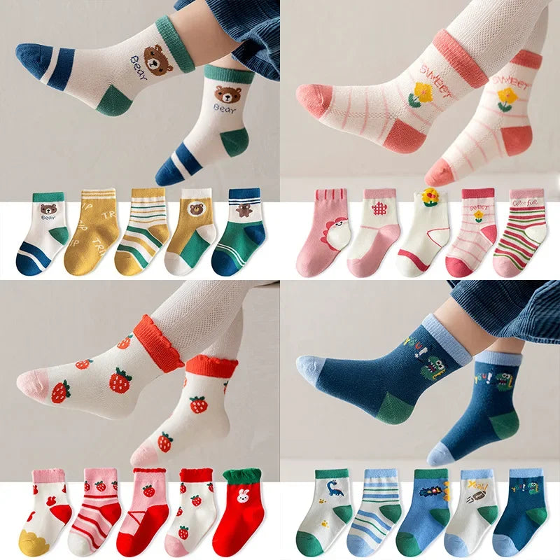 5 Pairs of Four-season Baby Socks Spring & Fall Cartoon Kitten Winter Mid-tube Socks Boys and Girls  Socks Toddler