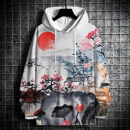 Autumn Hoodies For Men 3d Landscape Ink Print Street Designer Long Sleeved Loose Oversized Pullover Fall Fashion Men's Clothing