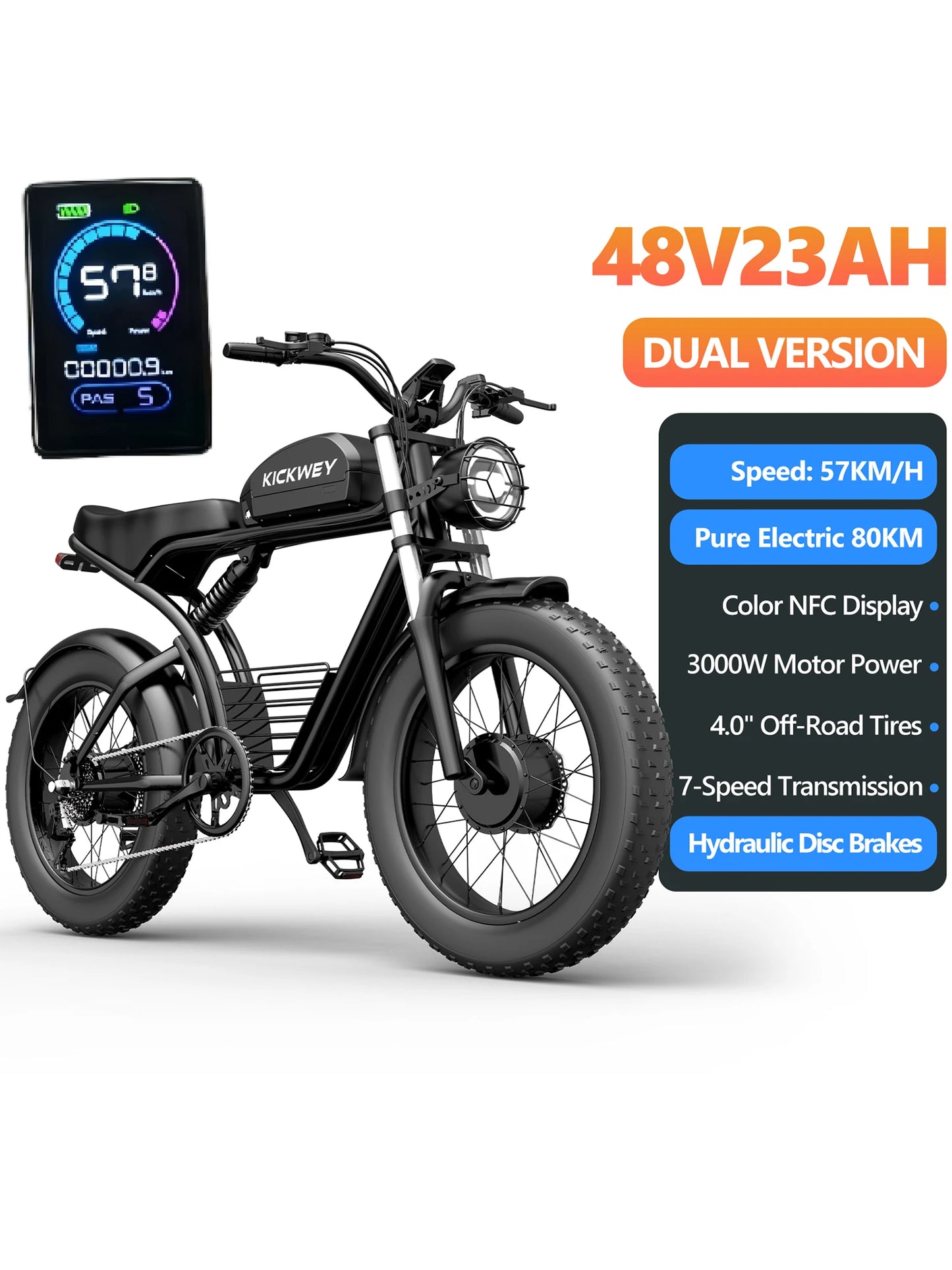 KICKWEY K7 Electric Bike, 3000W Off-Road Electric Bicycle, Full Suspension E-Bike, 20" Fat Tire All-Terrain Electric Dirt Bike