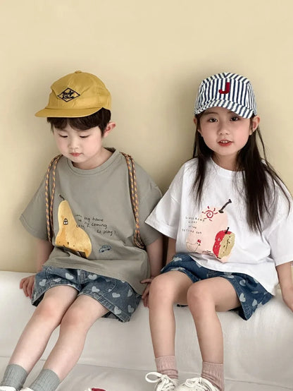 Heart Print Denim Shorts - Casual Knee-Length Shorts for Kids 1-8Y - ZOOMNSTORE