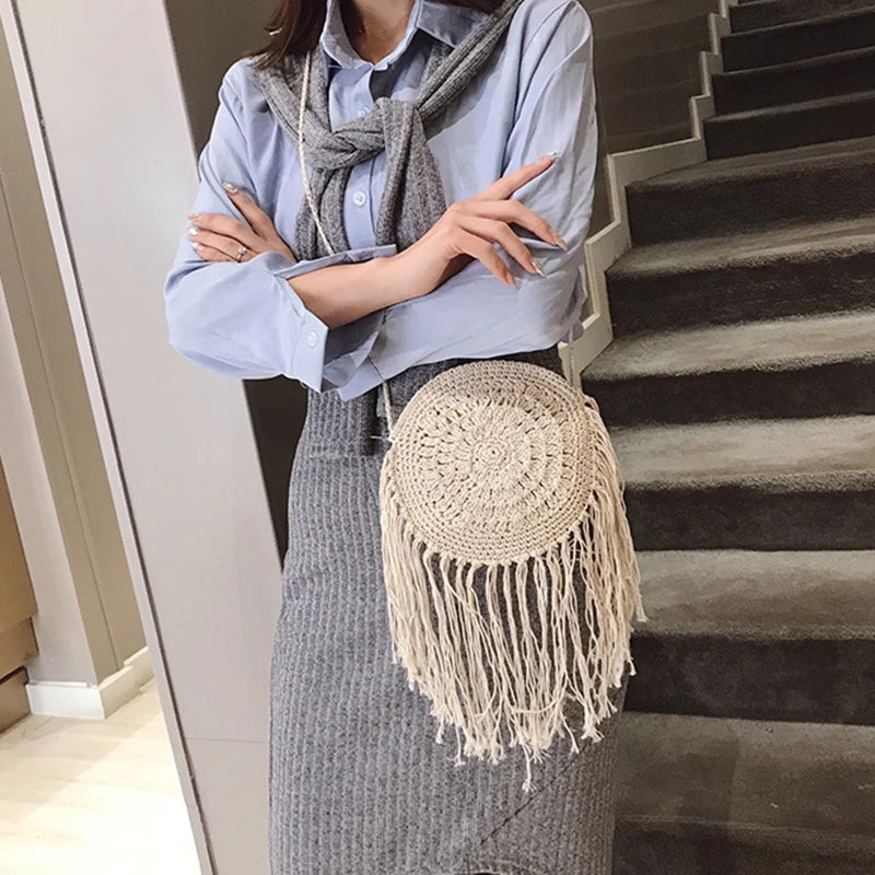 Handmade Cotton Crossbody Bag - Vintage Tassel Shoulder Messenger for Women Summer Beach Handbag 2023