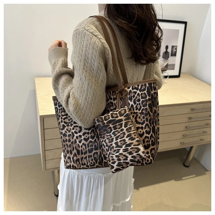 Leopard Print Tote Bag - Women's PU Leather Large Capacity Casual Travel Purse