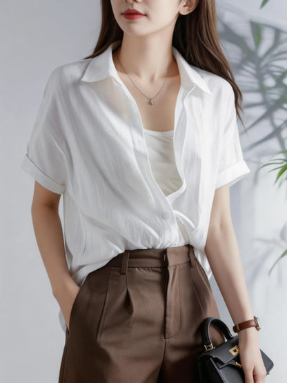Women's Casual White Blouse, Short Sleeve V-Neck Shirt, Business Office Workwear, Breathable Textured Blouse