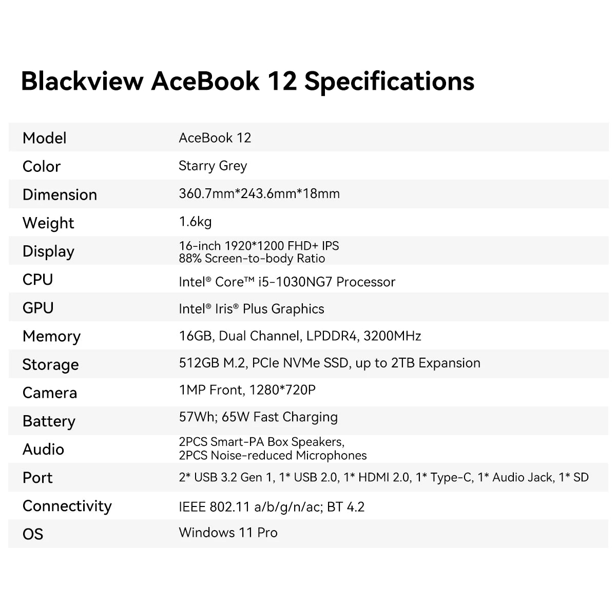 Blackview AceBook Laptop - 16 Inch Windows 11 Notebook, 16GB RAM, 512GB SSD, IPS Display