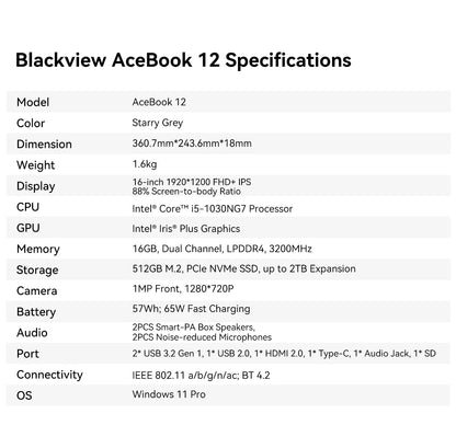 Blackview AceBook Laptop - 16 Inch Windows 11 Notebook, 16GB RAM, 512GB SSD, IPS Display