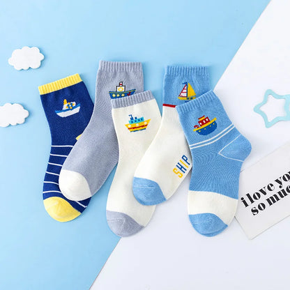 5 Pairs Of New Autumn And Winter Childrens Socks Striped Sailboat Boys Socks 4 to 8 Year Old Socks