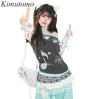 Kimutomo Women T Shirts Polka Dot Printed Short Sleeve Slim Grunge Gothic Y2k Aesthetic Harajuku Tops Ladies Fashion Casual Tee