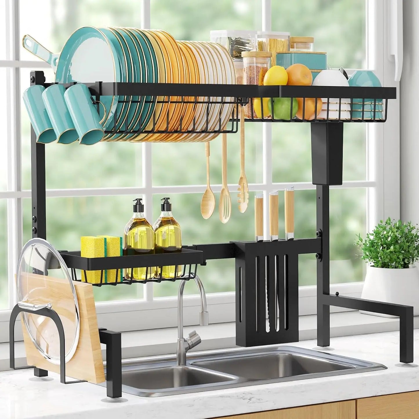 Adjustable 2-Tier Stainless Steel Dish Drying Rack with Utensil Holders, Large Capacity, Black