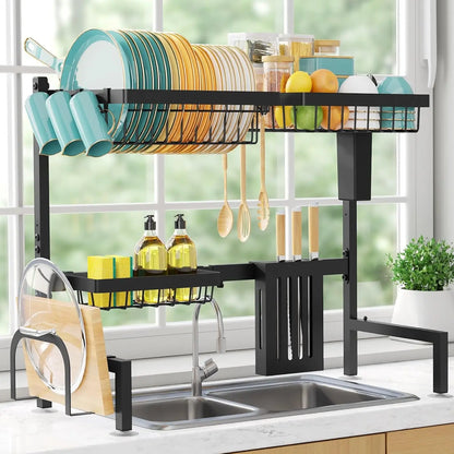 Adjustable 2-Tier Stainless Steel Dish Drying Rack with Utensil Holders, Large Capacity, Black