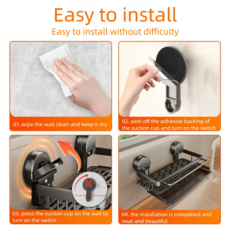 Kitchen Sink Rack - No Drill Suction Cup Storage Rack | Wall Mounted Shelf, Waterproof Metal Organizer