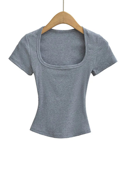 Women's Square Collar Slim Fit Crop Top High Stretch Short Sleeve Pullover Sexy Summer Blouse T-shirt Bottoming