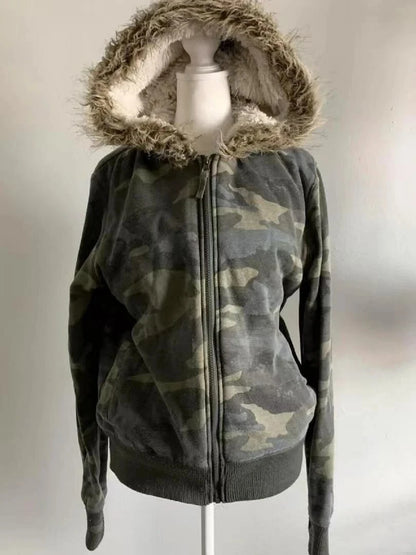 Subculture Gothic Women Coats with Hoodies Vintage Korean Harajuku Black Jackets Faux Fur Coat Female Loose Casual Sweatshirt