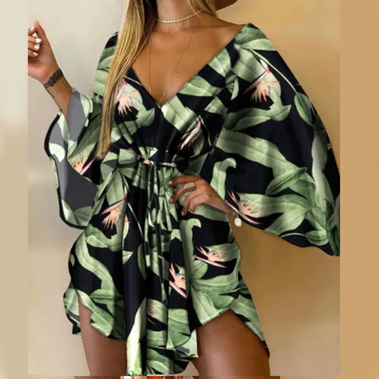 Women Print Dress - V-Neck Mini Sundress With Batwing Sleeve & Ruffle Detail