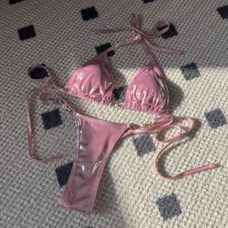 Shiny Pink Micro Bikini 2025 Mujer Women Sexy PU Pearls Push Up Thong Swimsuit Summer Bathing Suit Bandage Holiday Swimwear