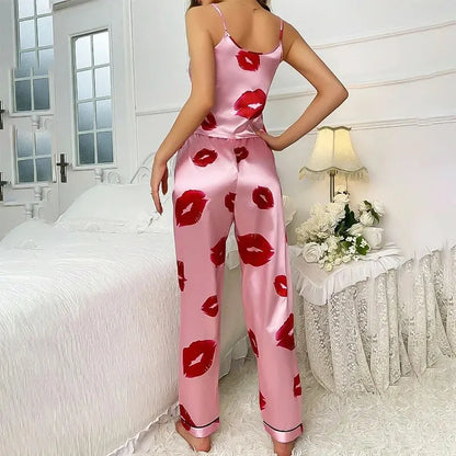 Women's Satin Pajama Set with Lip Print V-Neck Cami Top and Elastic Pants For Women Pijama Comfortable Sleep and Loungwear