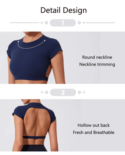 Women Crop Top - Backless Sports Crop Tee With High Compressive Waistband