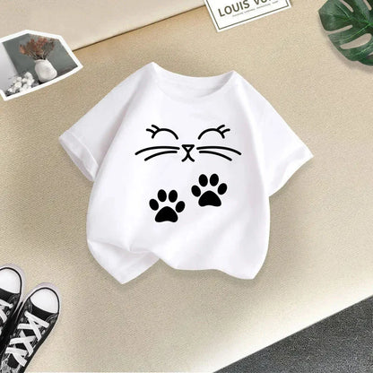 Summer New Cute Cat Animal Print Round Neck Short Sleeved Tee Shirt for Boys and Girls Fashionable and Simple Children's T-shirt