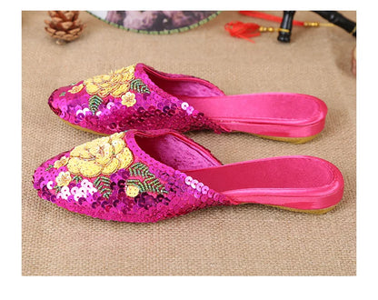 36-40 Women Slippers Sequin Embroider Shoes Summer Silk Fabric Flats Flower Closed Toe Soft Sole Non-slip Chinese Style Footwear