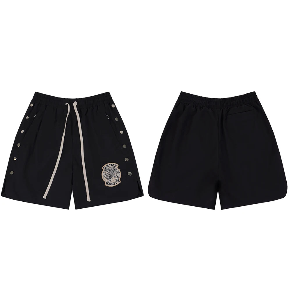 Side Button Embroidery Water Proof Thin Summer Shorts for Men Elastic Waist Drawstring Baggy Quick Dry Five Point Pants