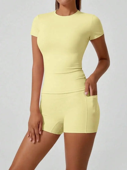Women's Sweet Sports Short Sleeve High Waist Tummy Control Butt Lifting Shorts Set