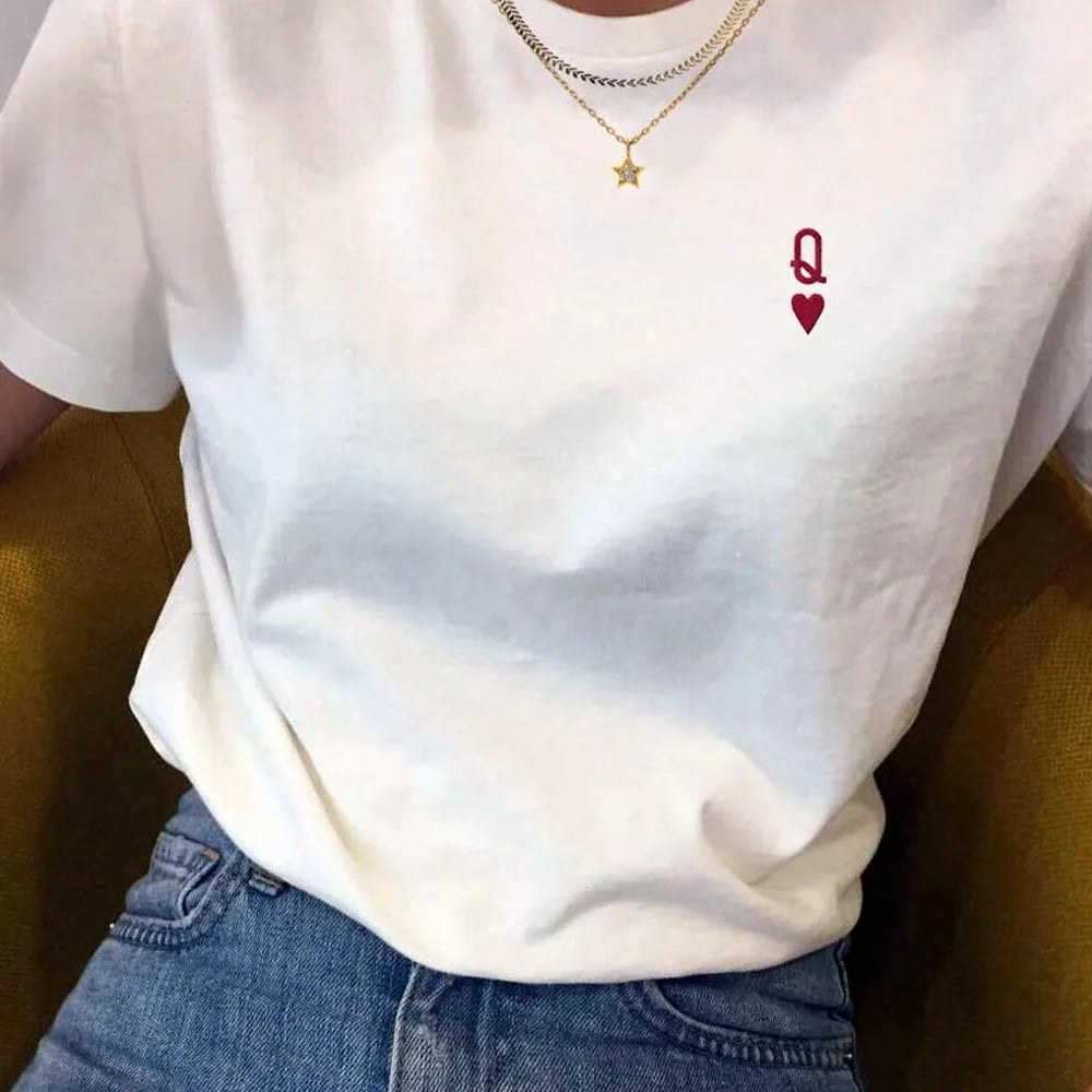 Queen of Hearts Letter Embroidered T Shirts Female White Loose Cotton Tops Tees Summer Short Sleeve Casual Shirt Women