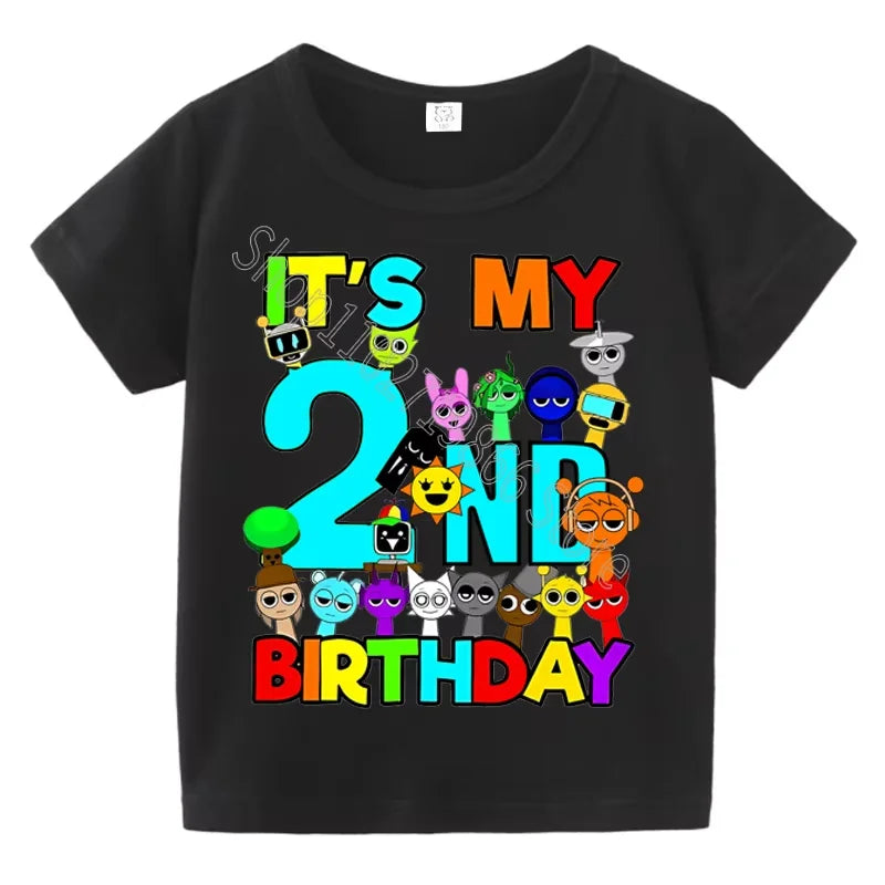 Kids Birthday Cute Cartoon Characters Graphic T-Shirt, Soft Cotton Crew Neck Tee, Casual Party Wear for Boys & Girlsdf0019