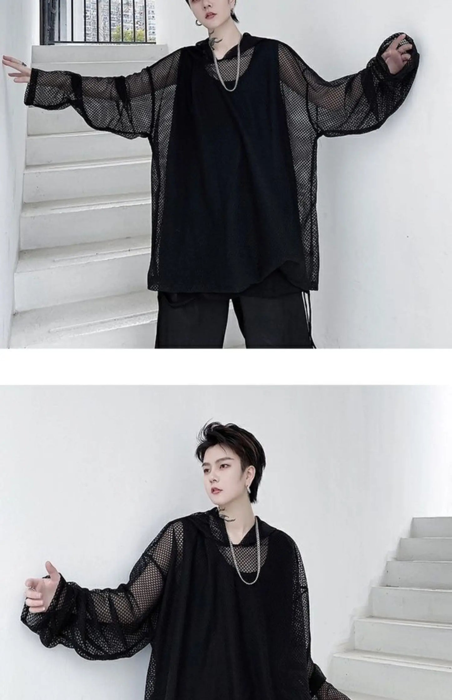 2024 Summer Dark Hollowed Out Mesh Hoodies T-shirt For Men Women Long Sleeves Loose Hooded Mesh Transparent Shirts