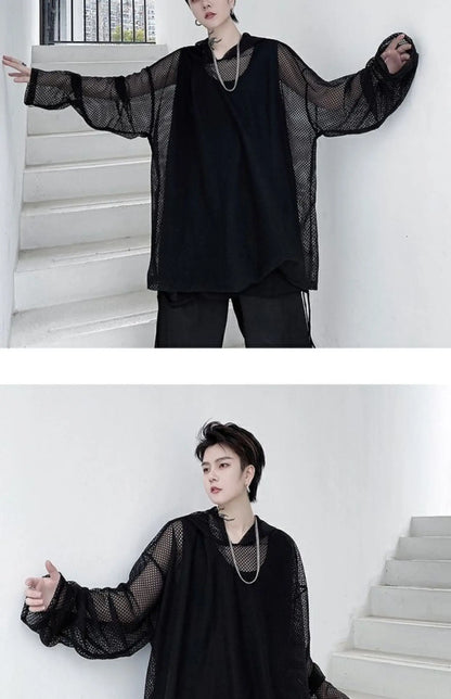 2024 Summer Dark Hollowed Out Mesh Hoodies T-shirt For Men Women Long Sleeves Loose Hooded Mesh Transparent Shirts