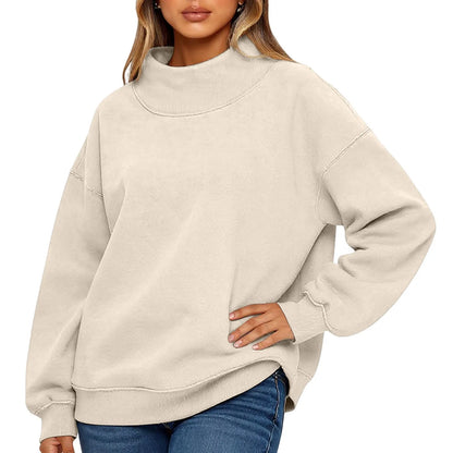 Fashionable Loose High Neck Long Sleeved Solid Color Hoodie for Lady Lazy Style Basic Casual Commuted Pullover Top